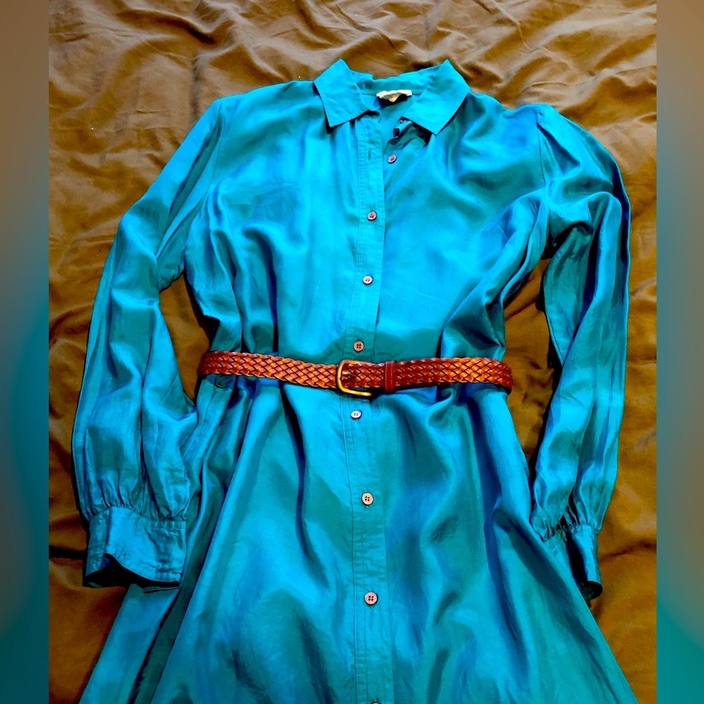 100% Silk Midi Teal Shirt Dress - Vintage